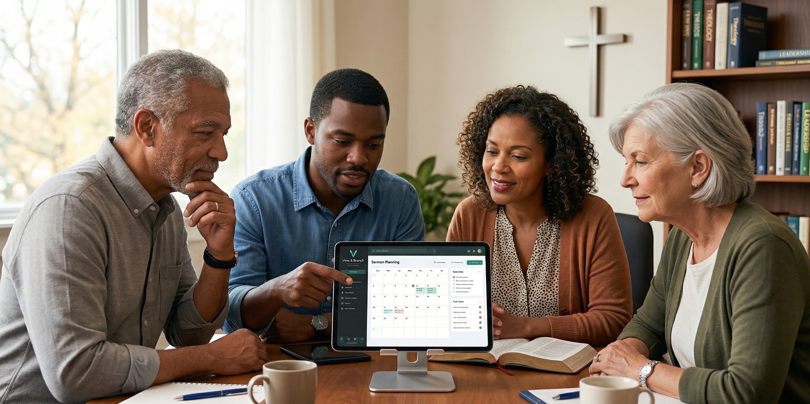 A pastoral team collaborating around a table with the Vine & Branch app